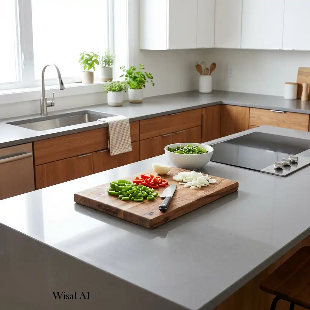 Spacious kitchen featuring clean, clutter-free countertops for meal preparation.