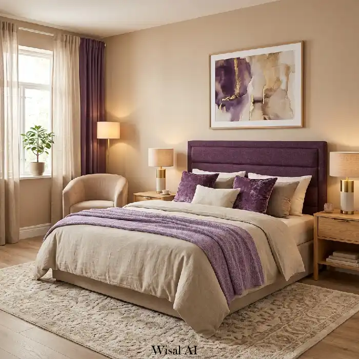 Purple and beige warm bedroom with wooden furniture and soft textiles