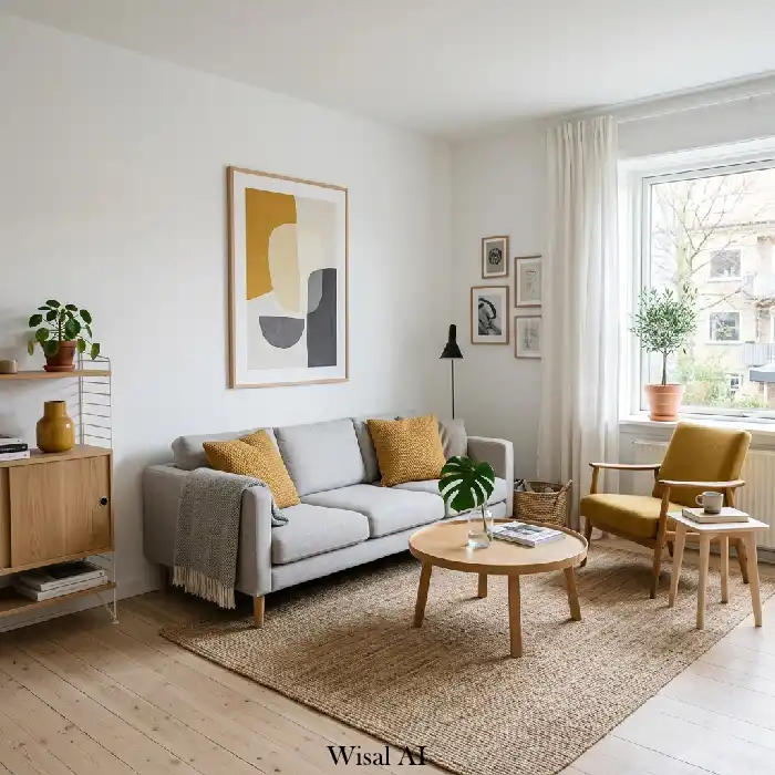 Scandinavian living room with mustard yellow accent chair, light wood furniture, and minimal decor