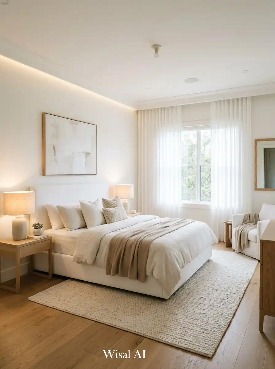 28. Soft White Cloud Bedroom with Brown Accents