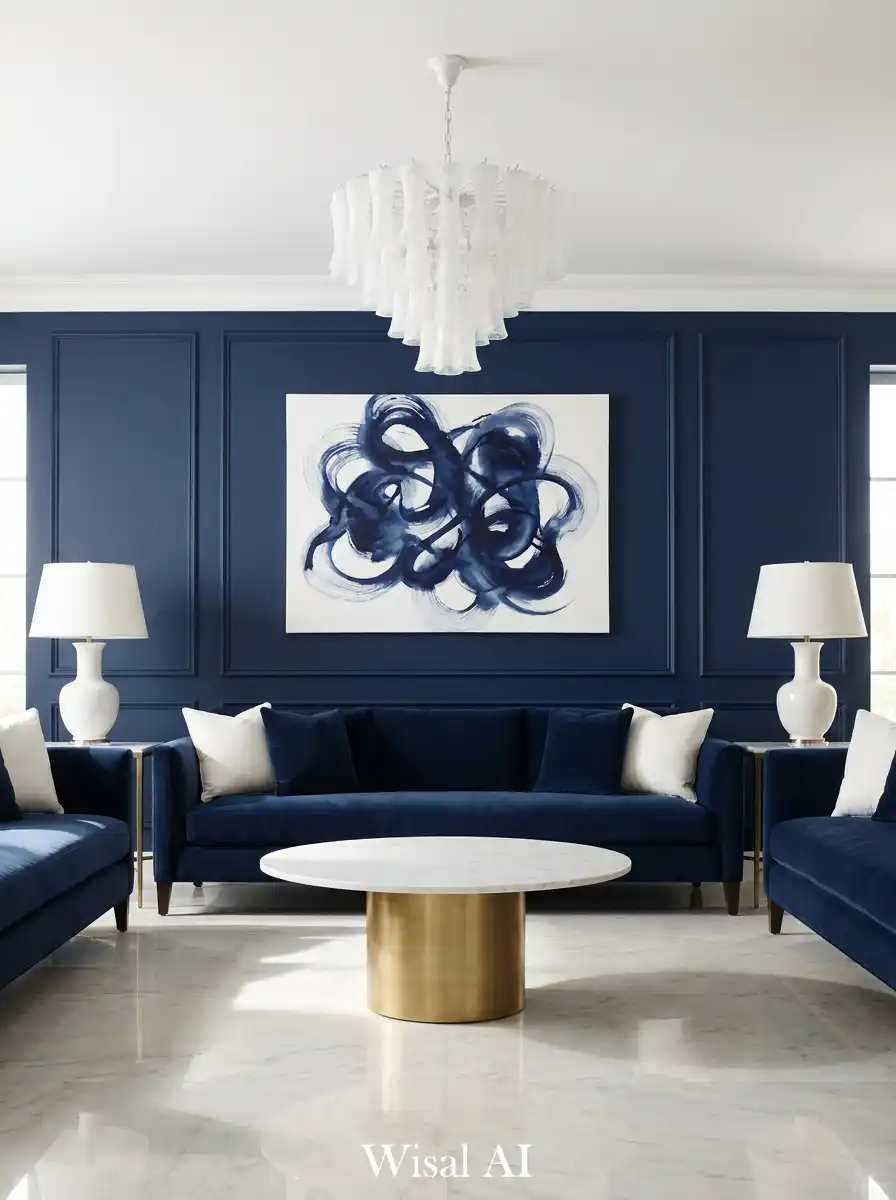 3. The Art Collector’s Navy Blue and White Living Room