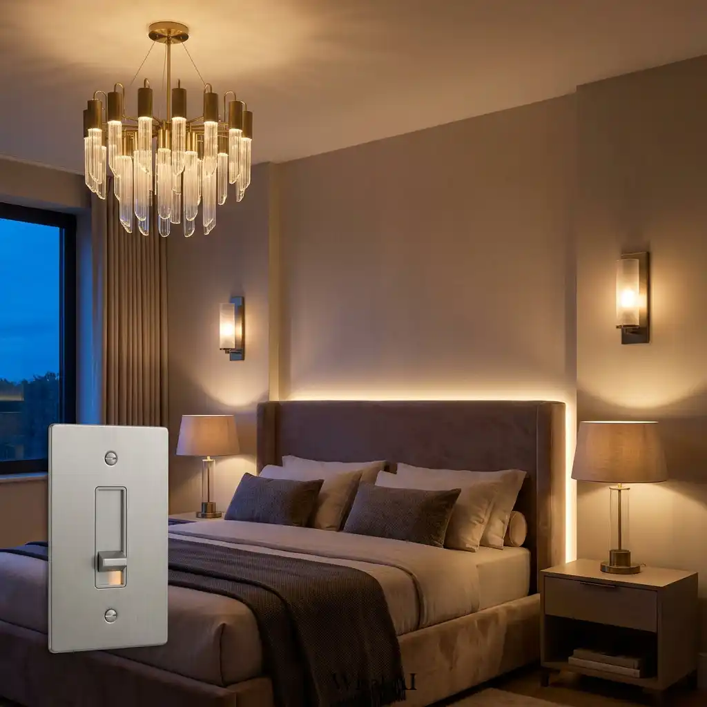 Warm bedroom illuminated by layered lighting creating a relaxing luxury hotel atmosphere.