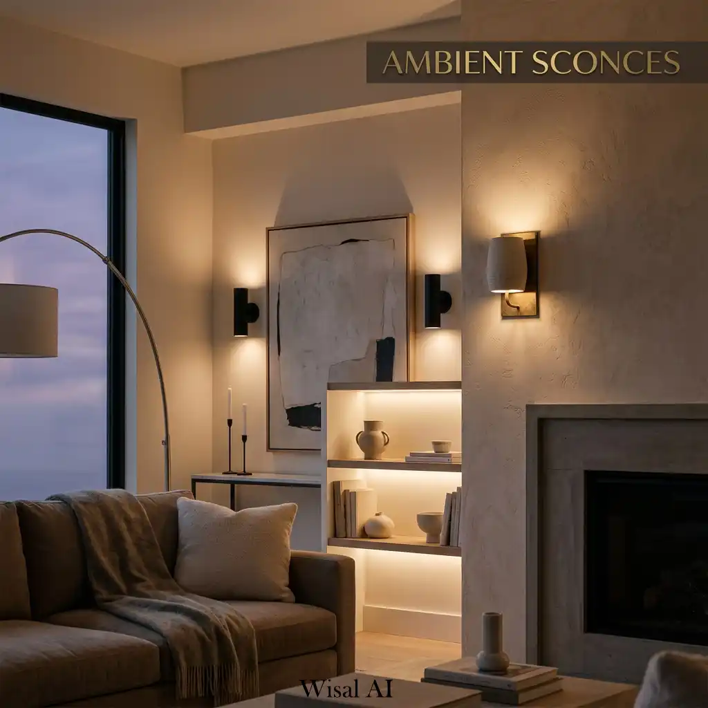 Cozy living room with elegant wall sconces providing warm ambient lighting.