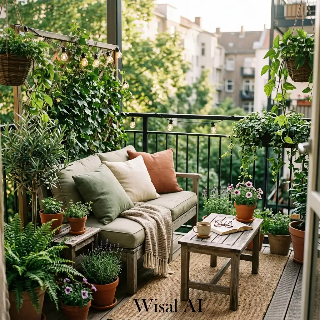 Wooden balcony with natural greenery and cozy atmosphere