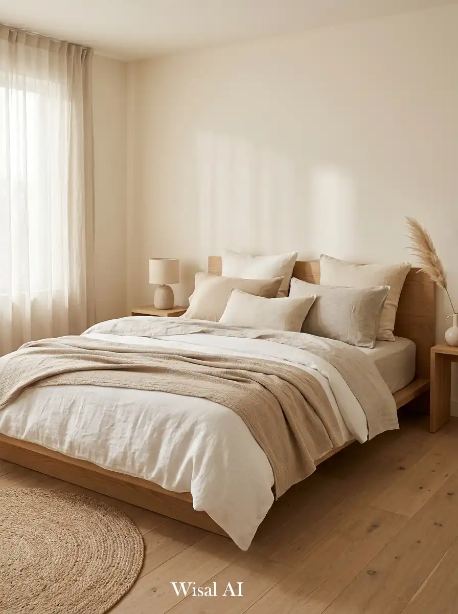 30. Soft Neutral Japandi Bedroom with Linen Layering Focus
