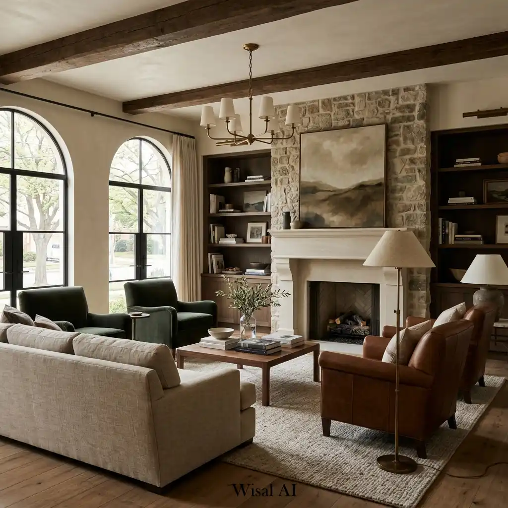 Timeless boutique hotel-inspired living room with classic luxury materials and elegant furnishings
