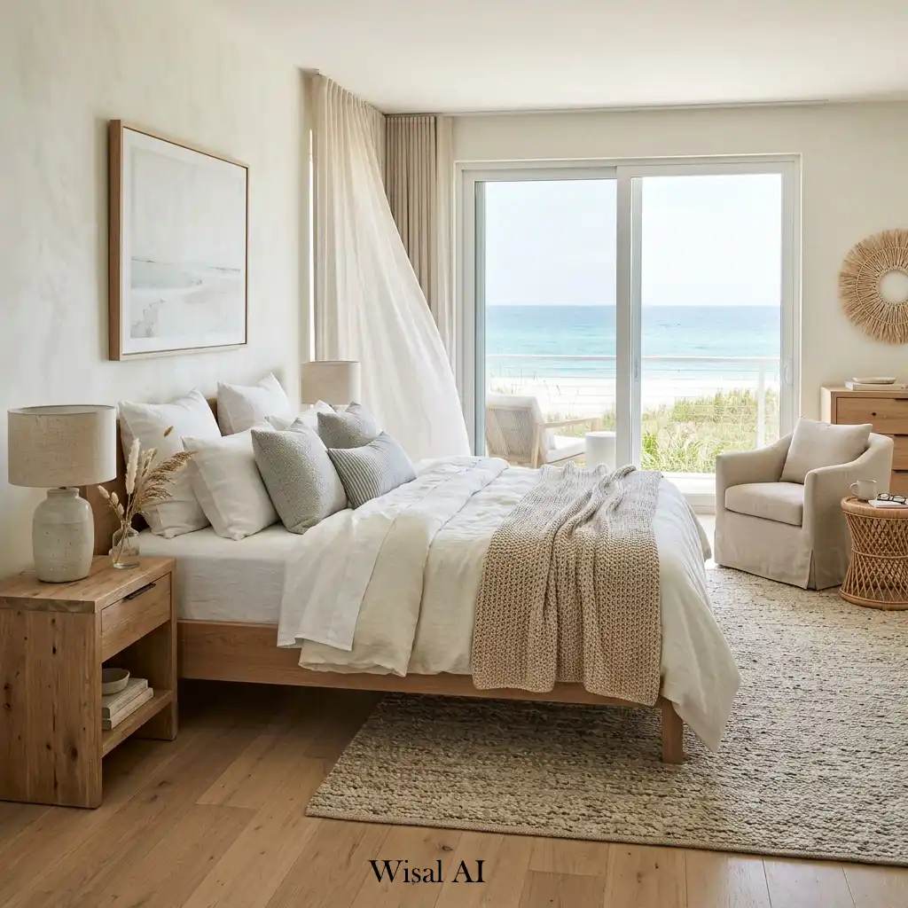 Luxury beach house bedroom with soft natural elegance and coastal charm.