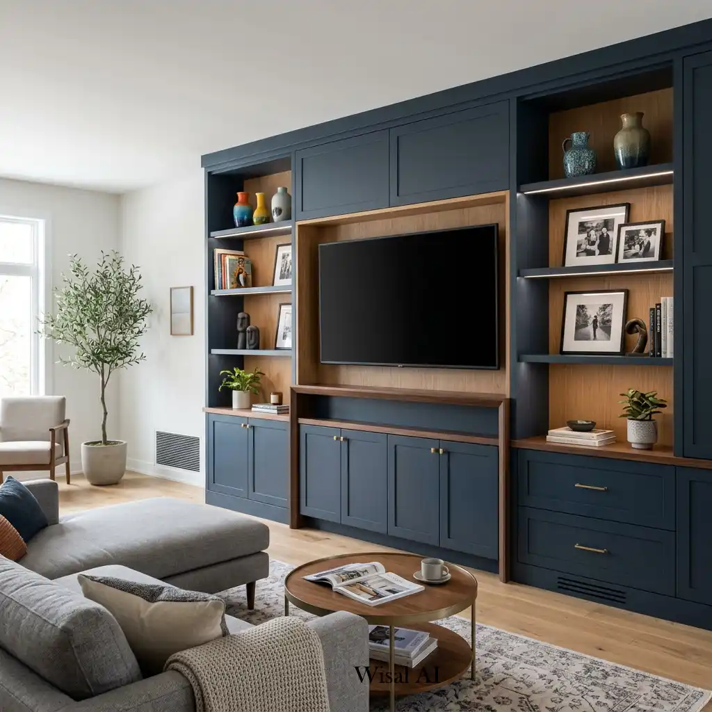 Custom built-in shelving and hidden storage in a modern luxury living room.