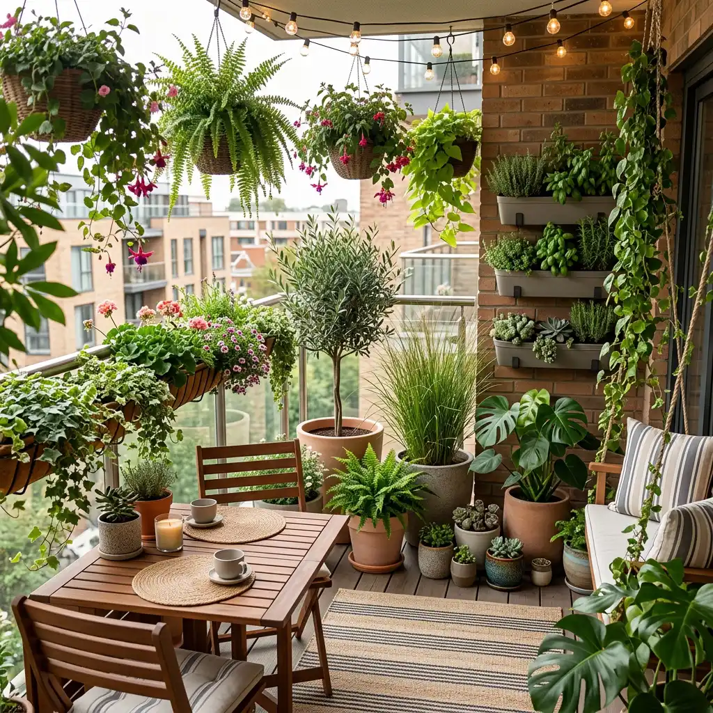 Beautiful balcony filled with lush greenery, hanging planters, and natural outdoor charm.
