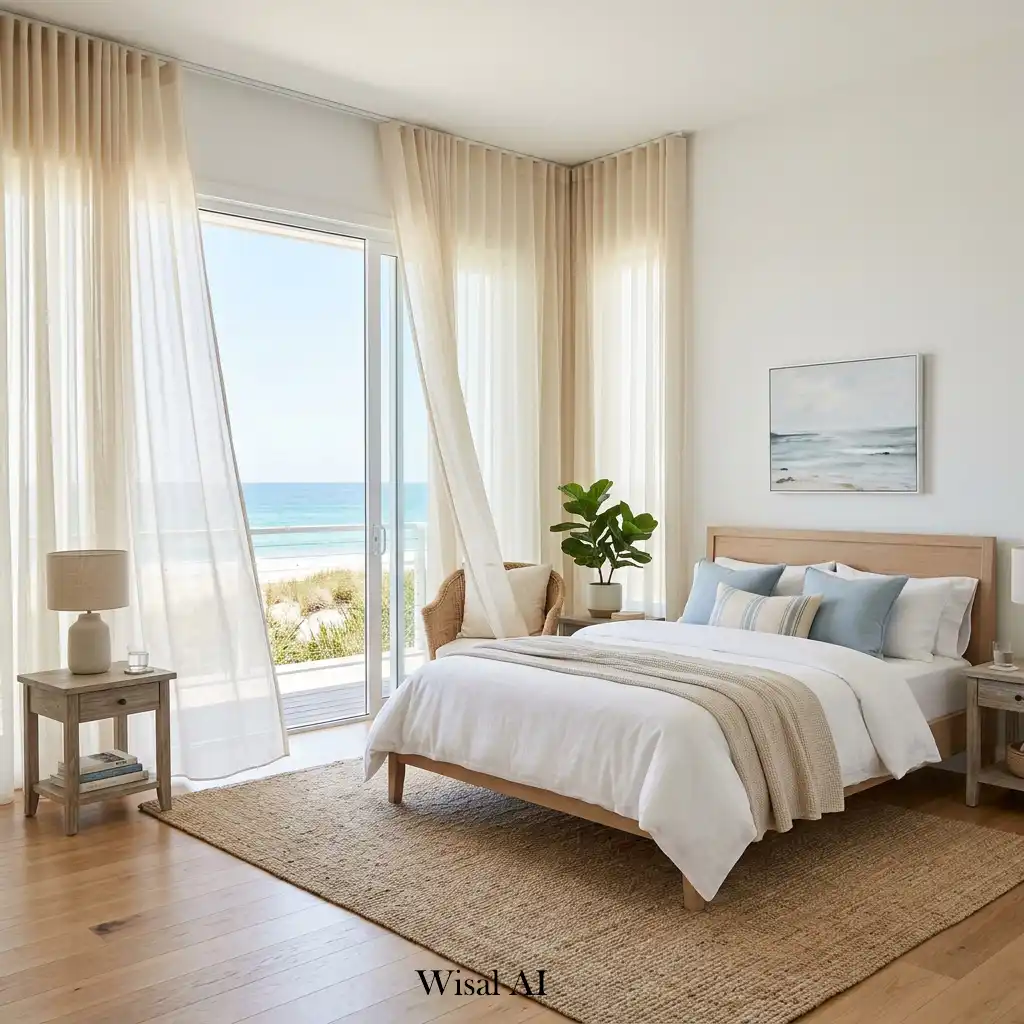 Coastal bedroom with floor-to-ceiling linen curtains and soft natural light.