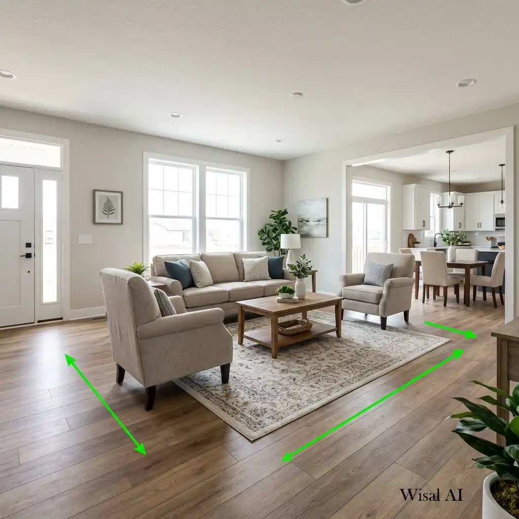 Spacious living room with thoughtfully arranged furniture and clear walking paths.