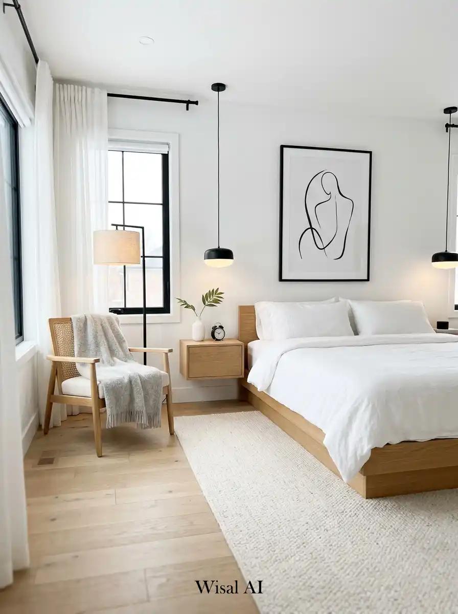 Minimal modern bedroom featuring black and white contrast balanced with natural wood elements for a warm luxury aesthetic.