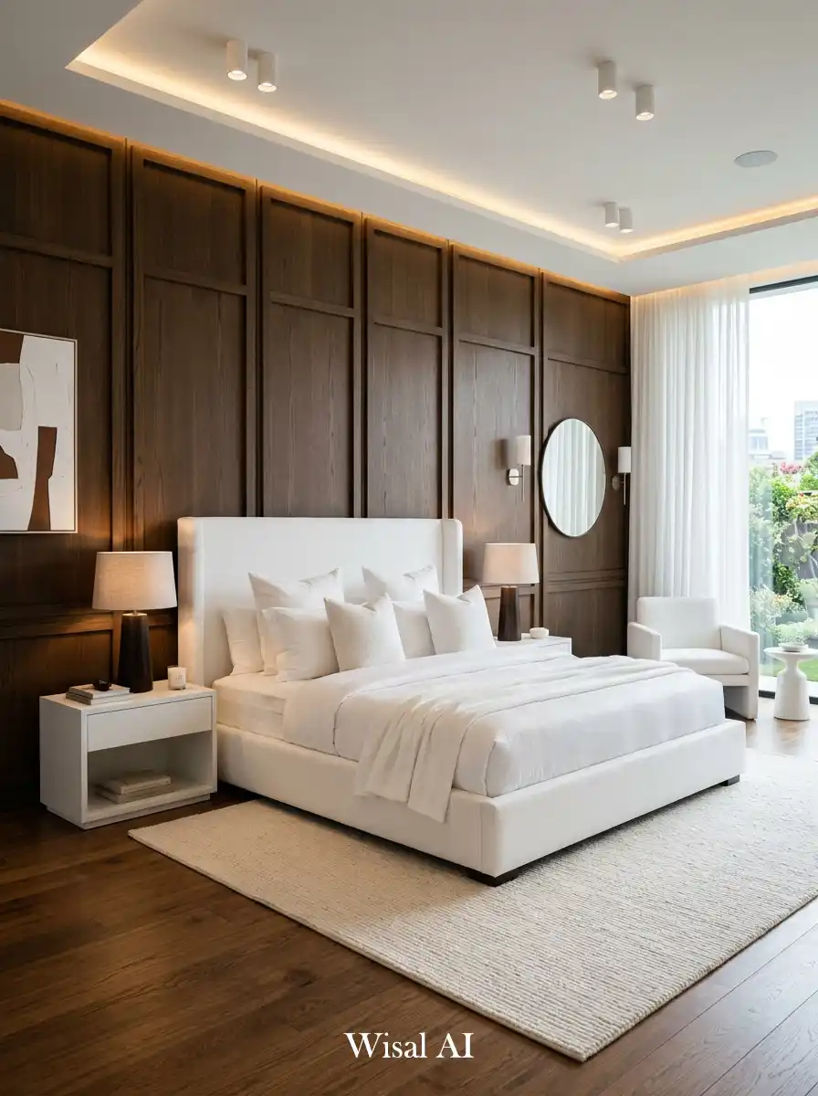 4. Coffee Brown Panel Room with Bright White Luxury Bed