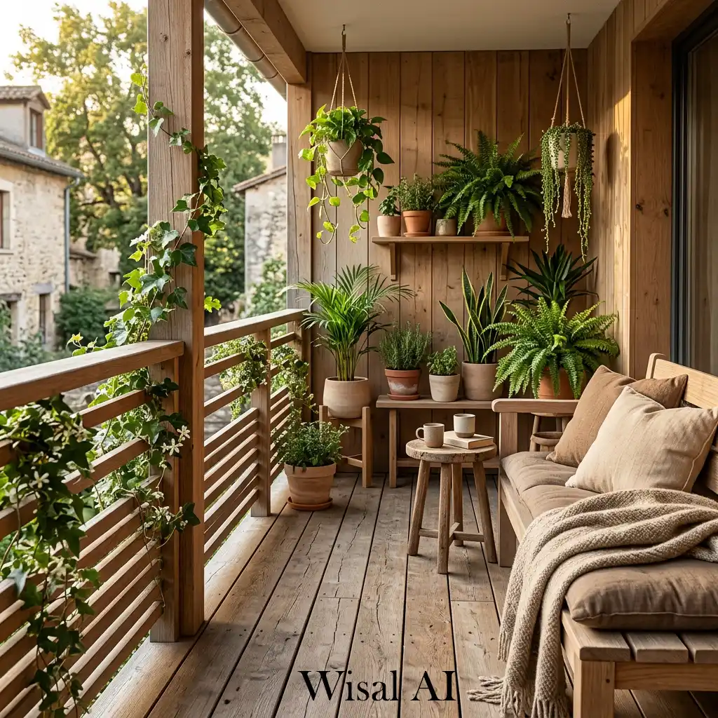Green balcony seating area with relaxing outdoor furniture