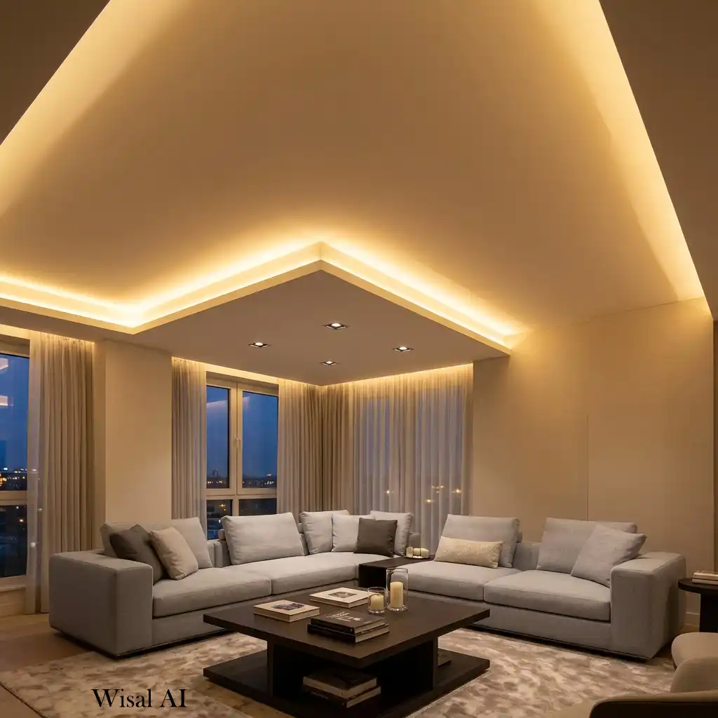 Luxury living room with concealed LED cove lighting illuminating the ceiling.