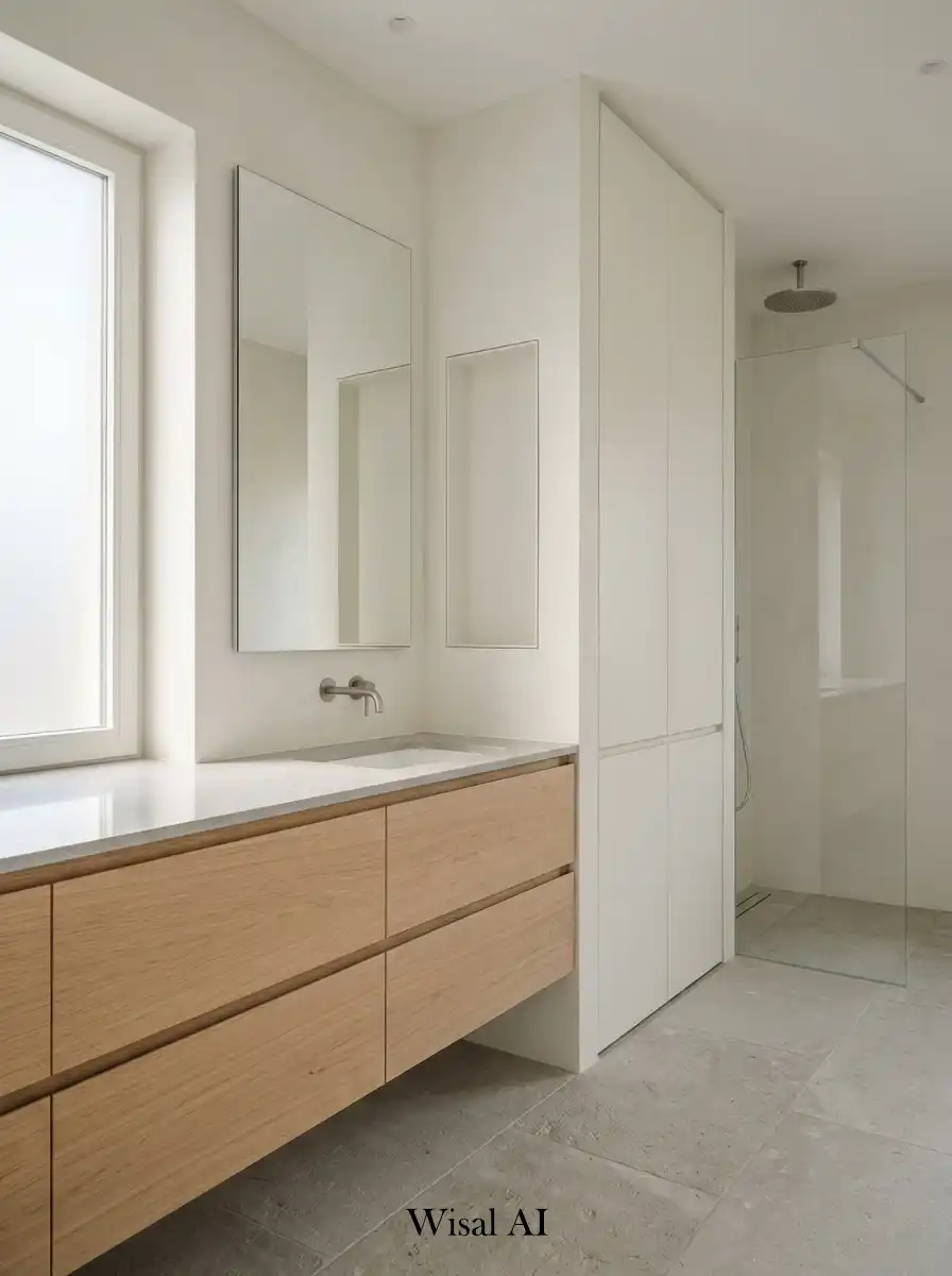 Minimal bathroom interior featuring hidden storage solutions clean countertops and clutter-free spa-inspired modern organization design.