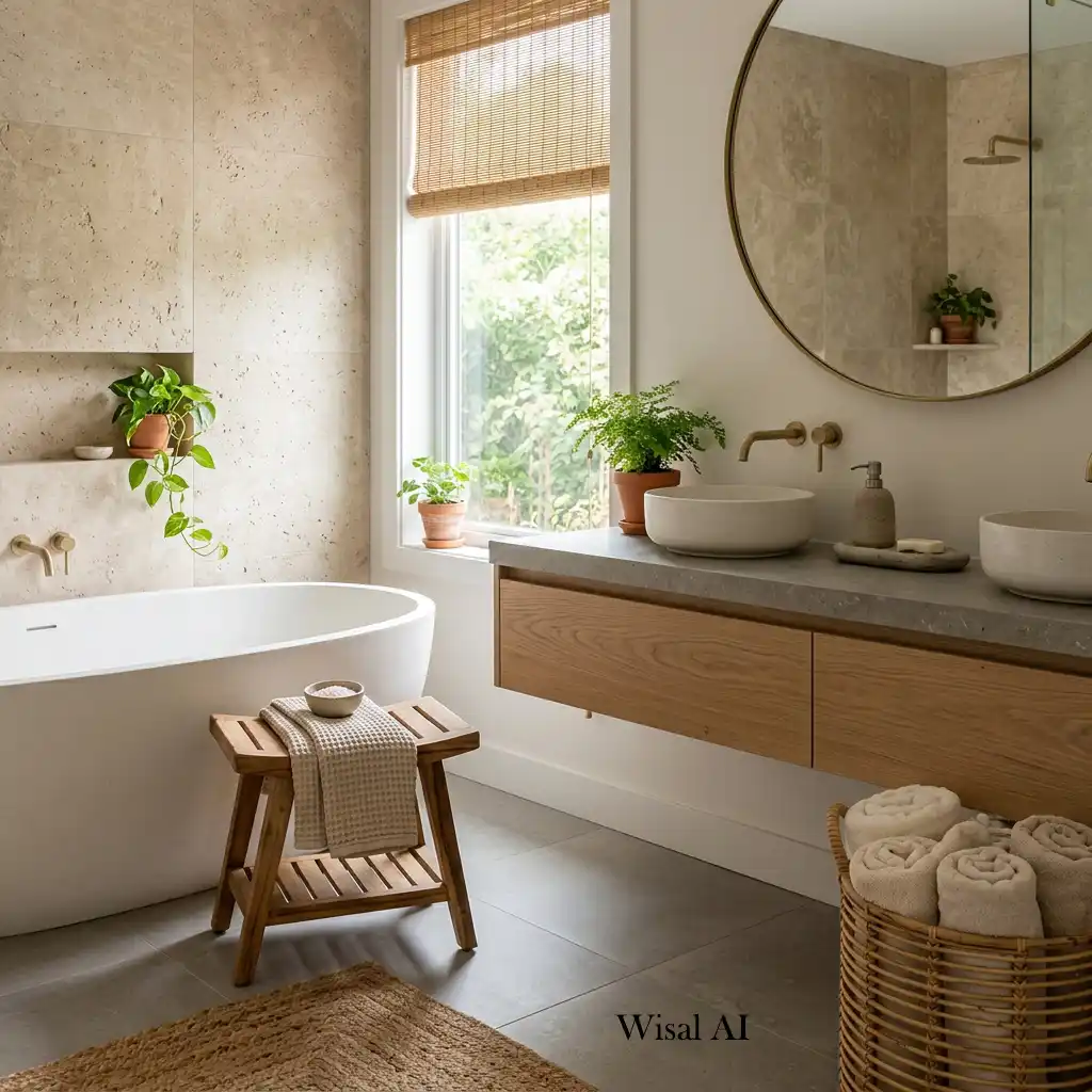 Modern spa bathroom incorporating natural wood, stone countertops, ceramic accessories, and woven storage baskets.