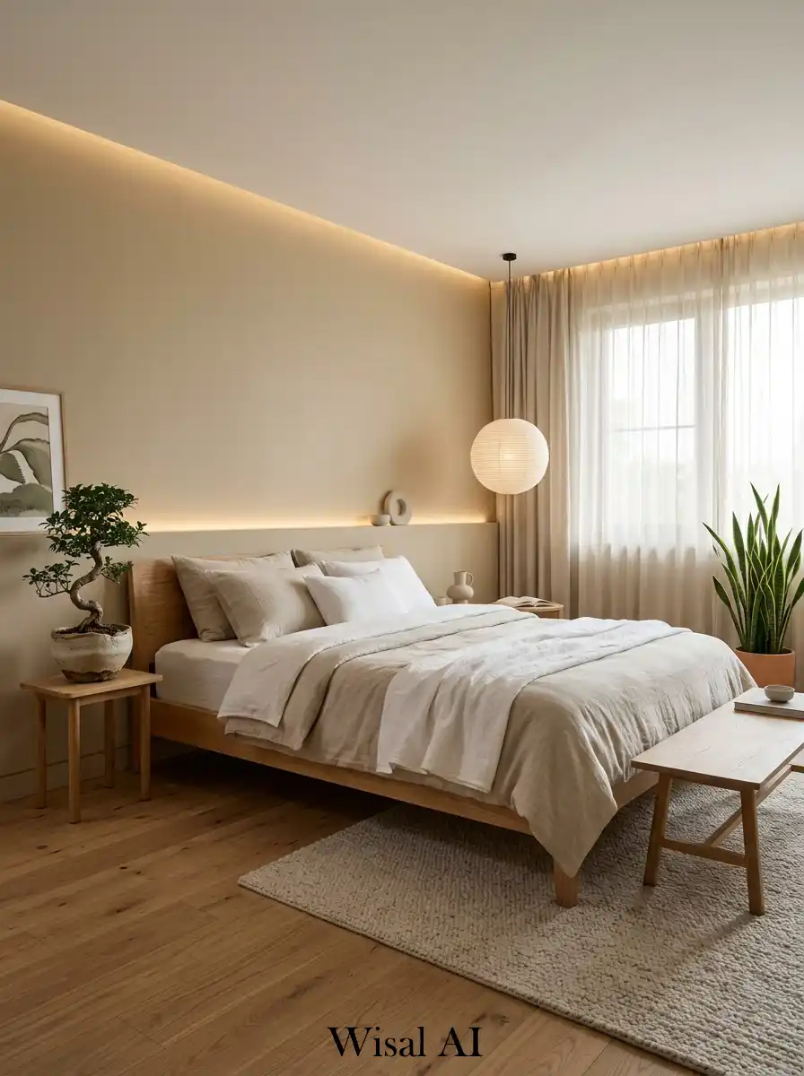 Japandi Bedroom with Zen Natural Green Accents