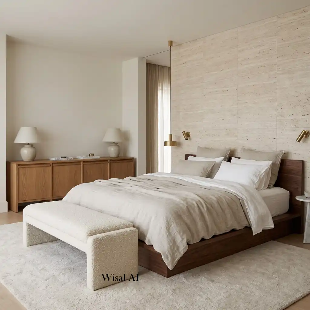 Living room layered with natural oak, marble, linen, bouclé, and leather textures.