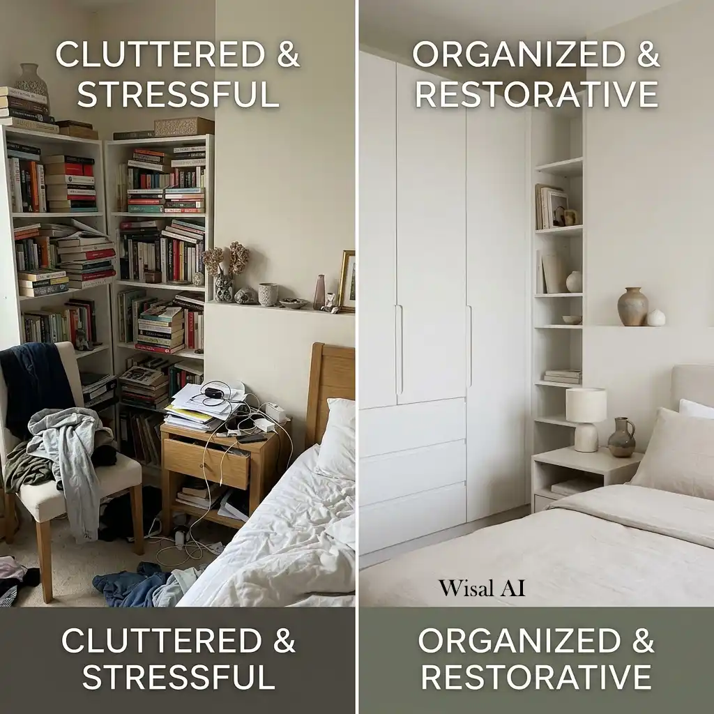 Organized clutter-free bedroom with built-in wardrobes.