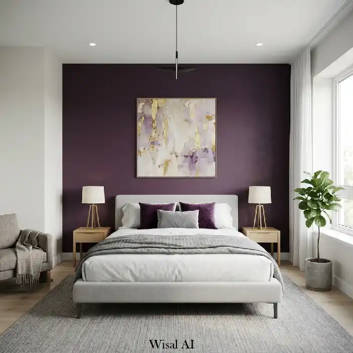 Modern bedroom with purple accent wall and neutral minimalist interior