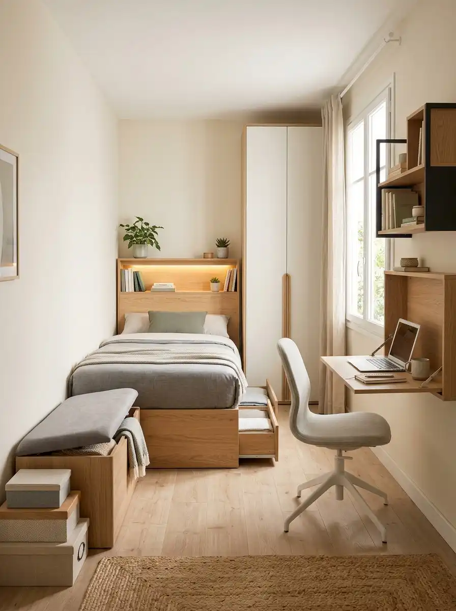 Modern bedroom featuring multifunctional furniture for smart space saving.