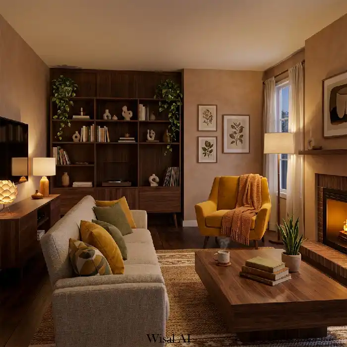 Warm mustard yellow and walnut living room with rich wood tones and cozy lighting