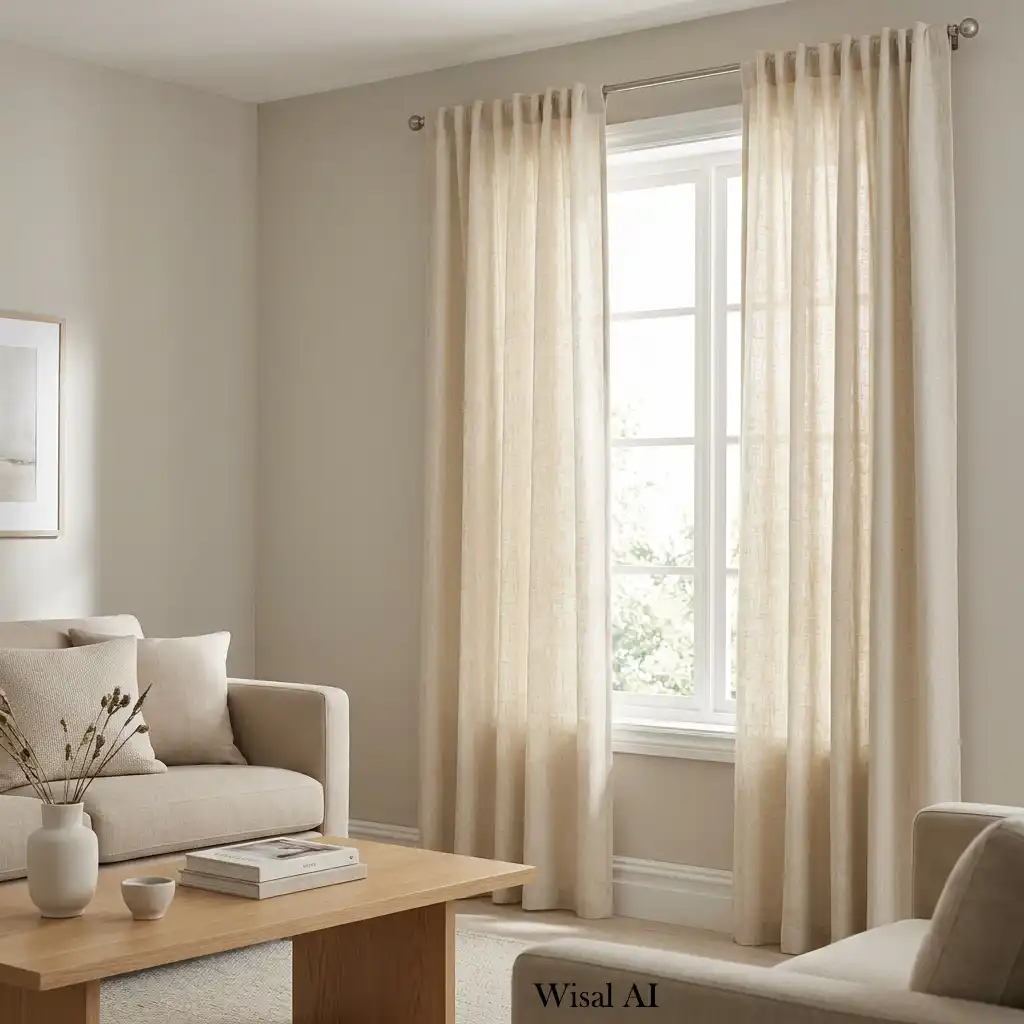 Neutral-colored curtains creating a bright, timeless, and cohesive interior design style.