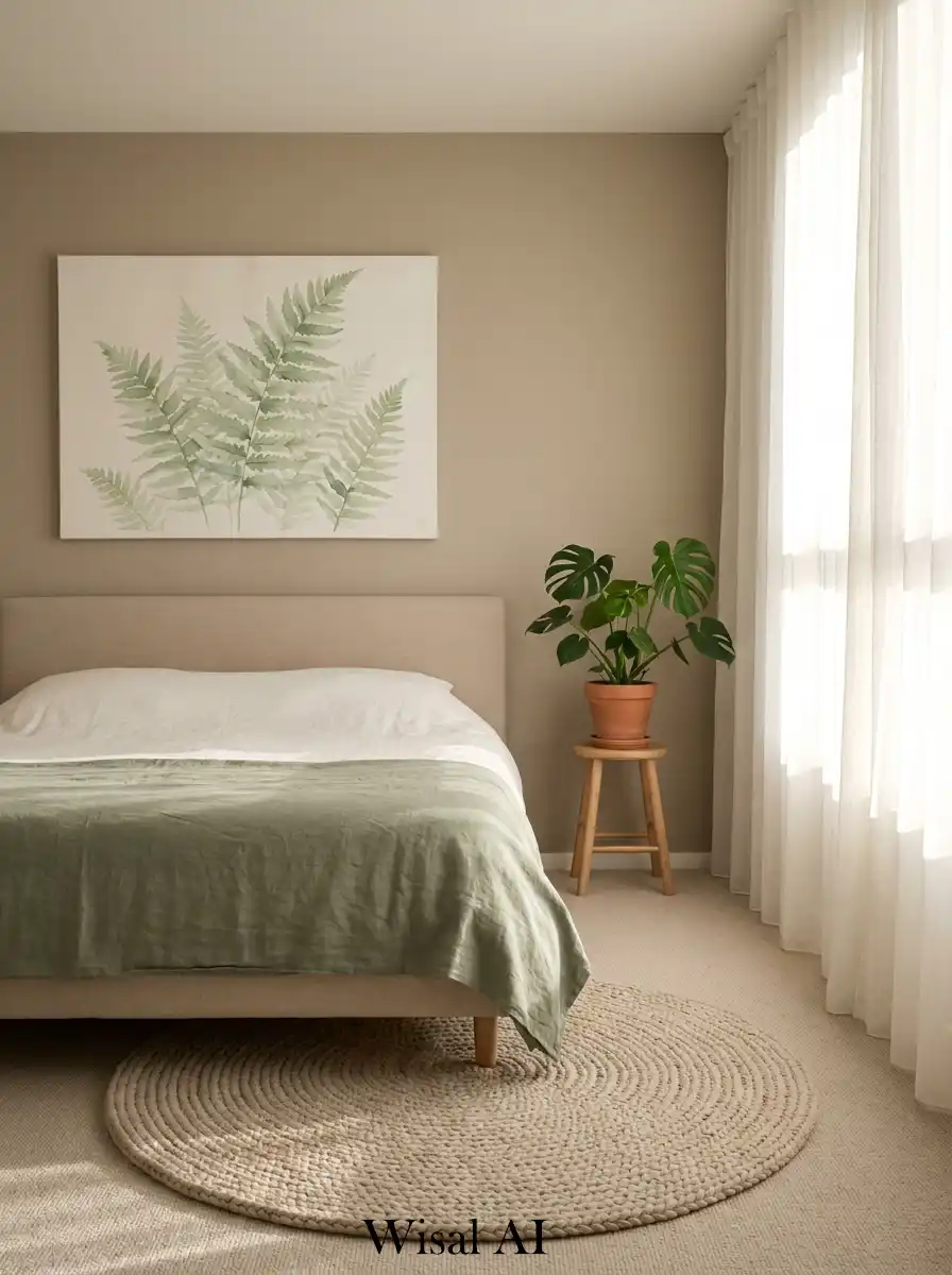 19.Soft Textures and Verdant Views: A Green and Beige Bedroom