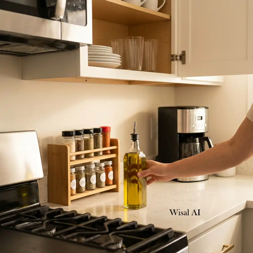 Kitchen with everyday dishes, utensils, and cookware stored within easy reach.
