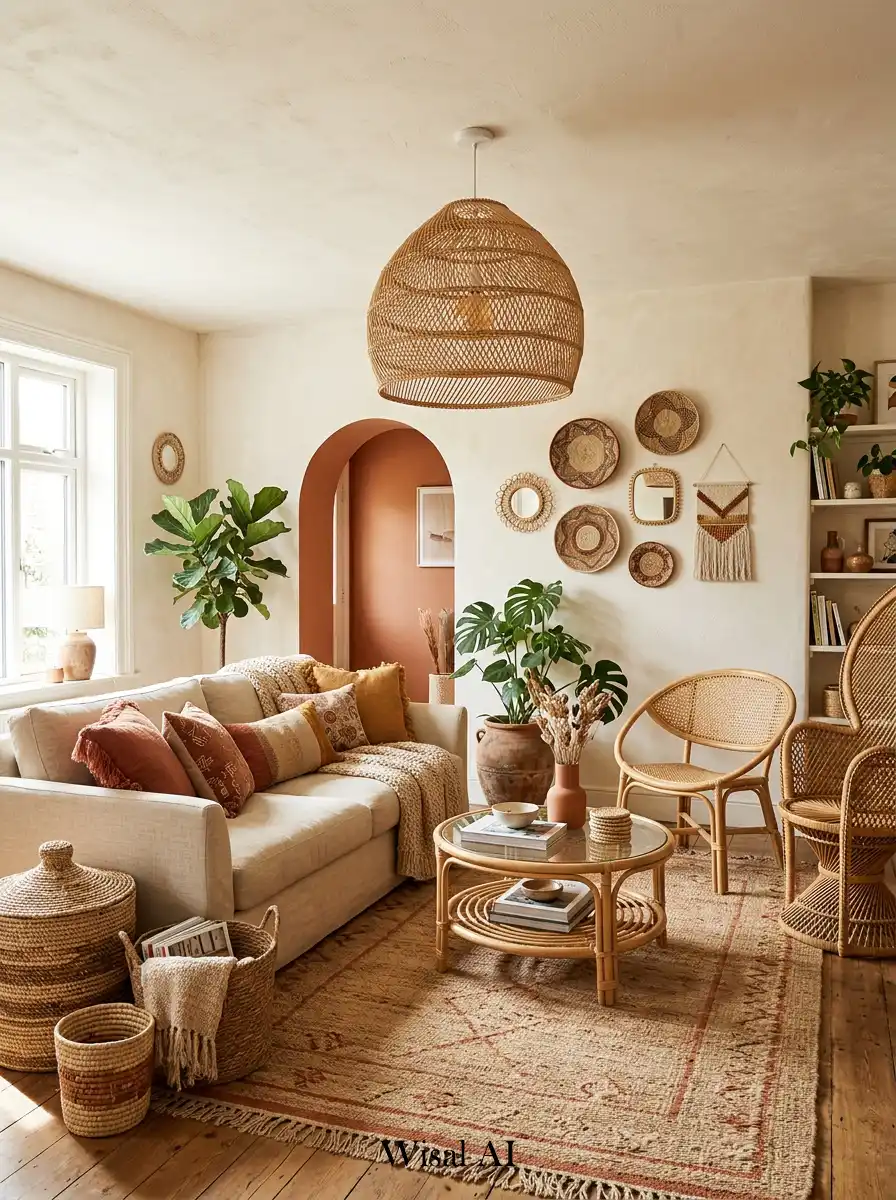 4. Terracotta and Rattan Living Room Concept
