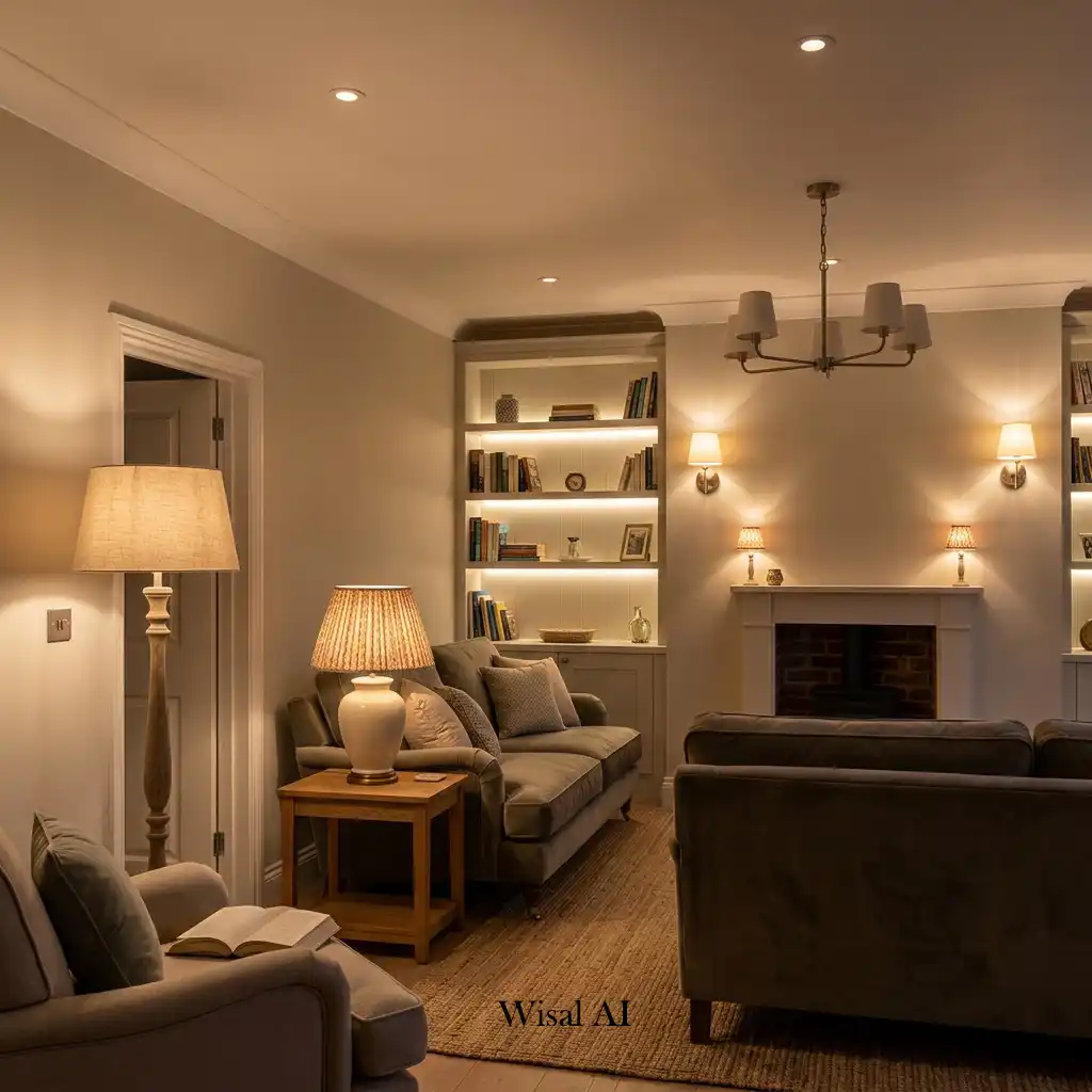 Elegant living room illuminated with layered warm lighting creating a welcoming evening atmosphere.