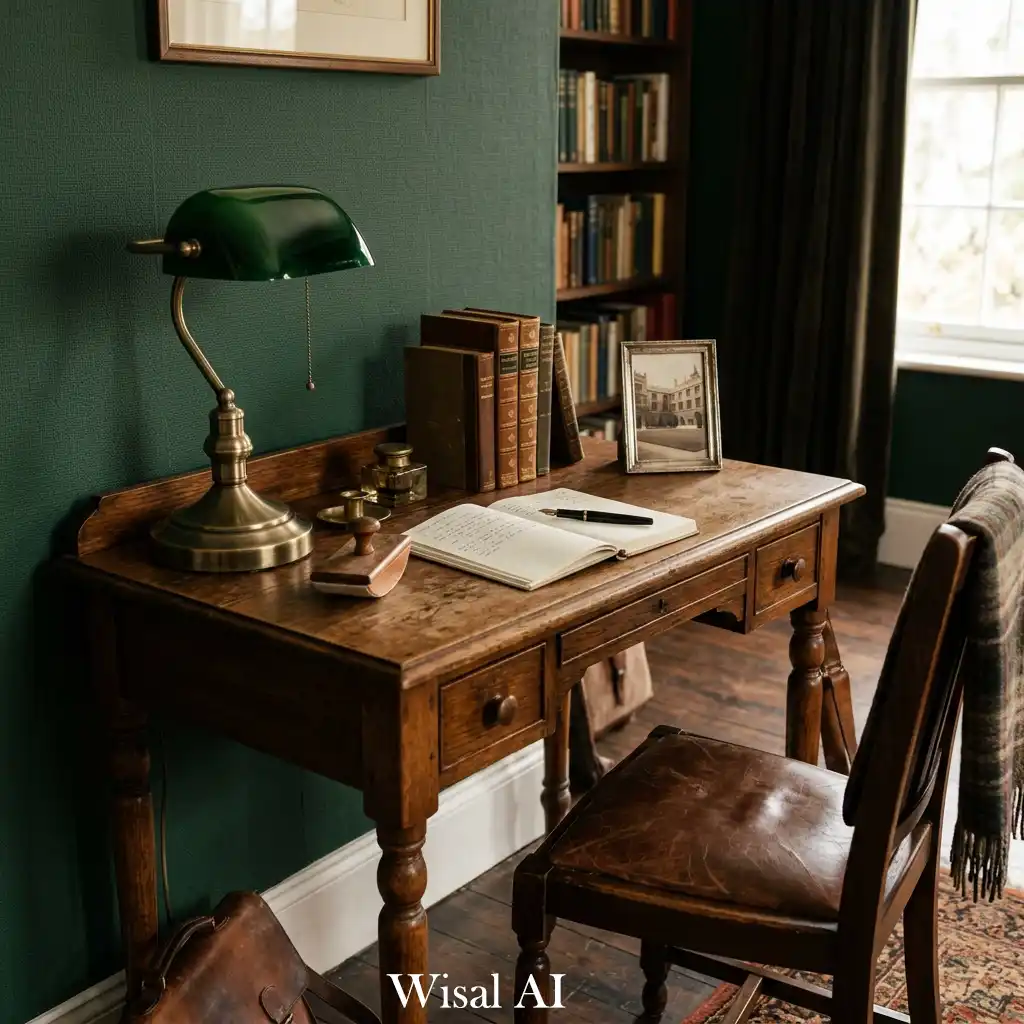 Dark academia reading corner with armchair, books, and warm table lamp