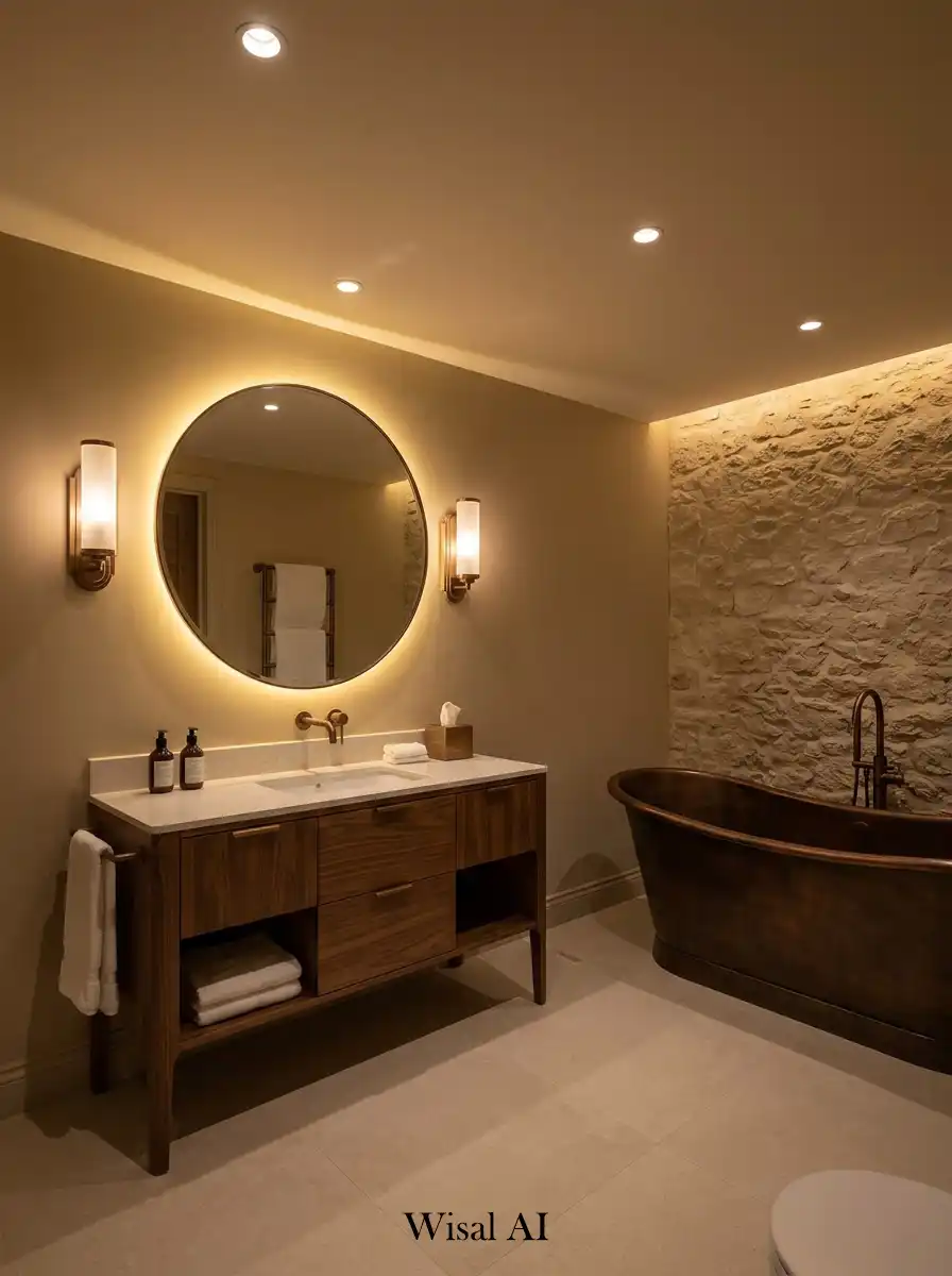 Warm ambient lighting bathroom design with soft spa-inspired luxury interior details