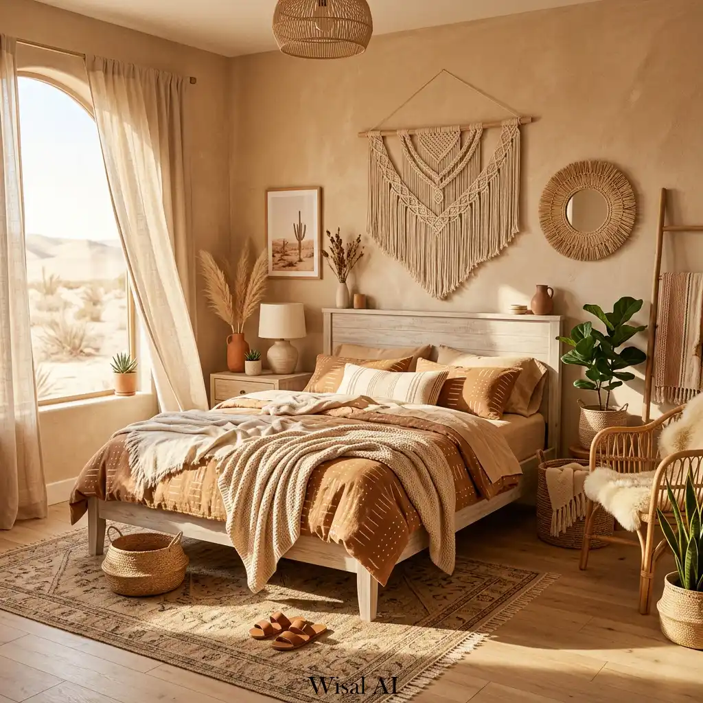 Sunlit tan boho bedroom with soft flowing curtains and natural light