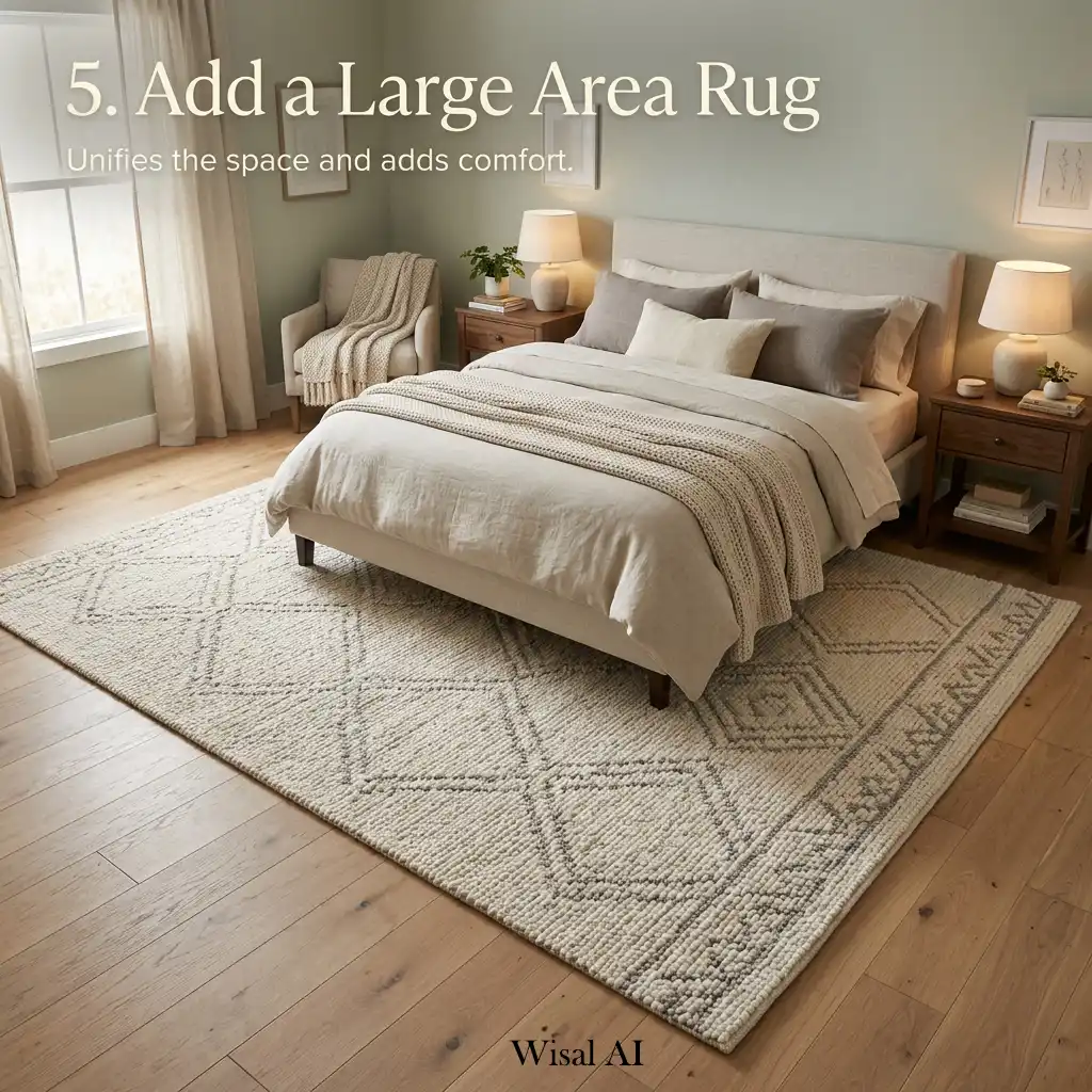 Spacious bedroom anchored by a large area rug adding warmth and visual balance.