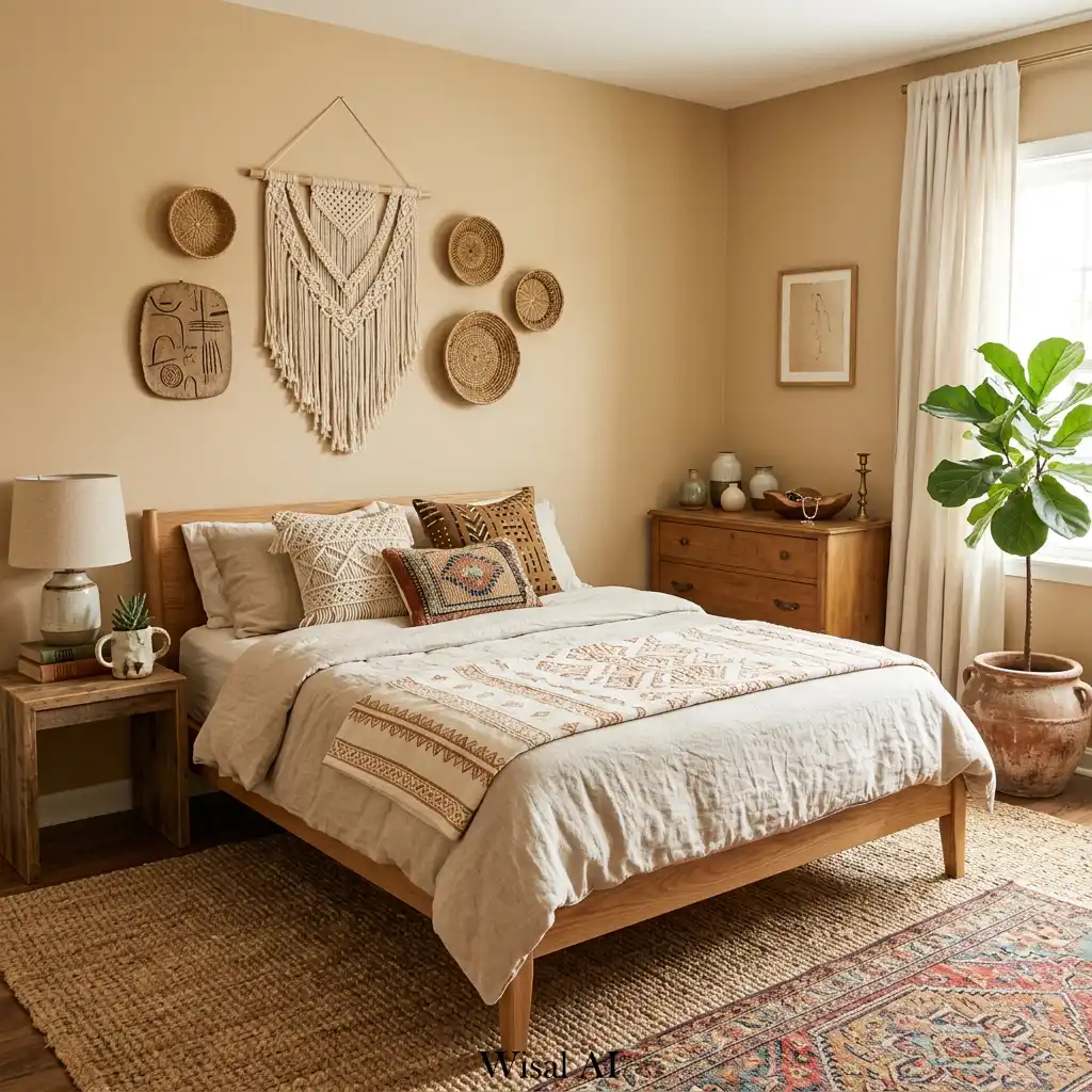 Clay-toned bohemian bedroom with handmade ceramic decor and warm textures