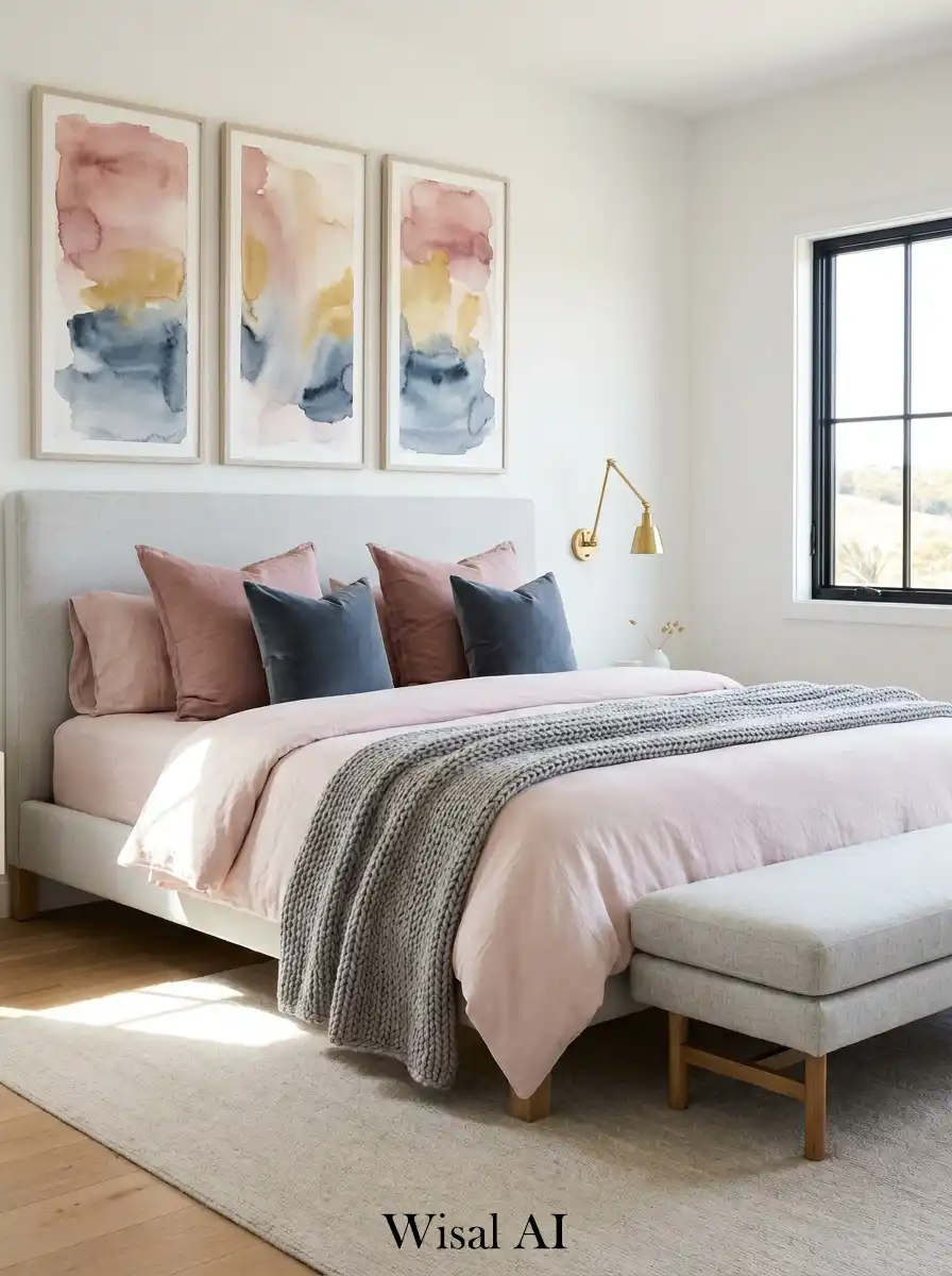 5. Artistic Triptych and the Dusty Pink Bedroom Idea
