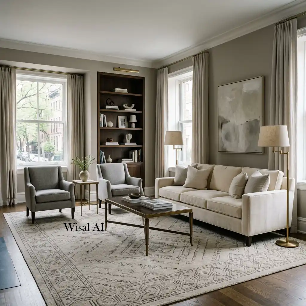 Balanced living room furniture with proper spacing and comfortable circulation.