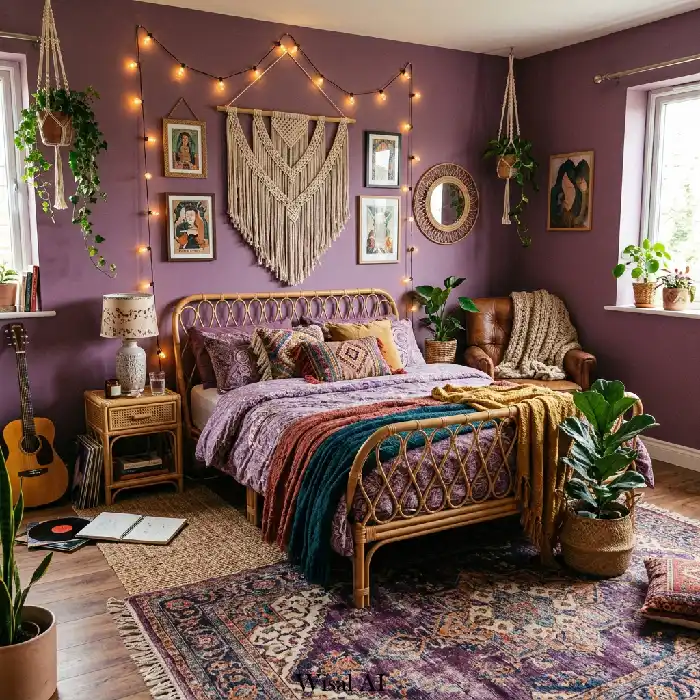 Bohemian purple bedroom with layered textures, rattan furniture, and artistic decor