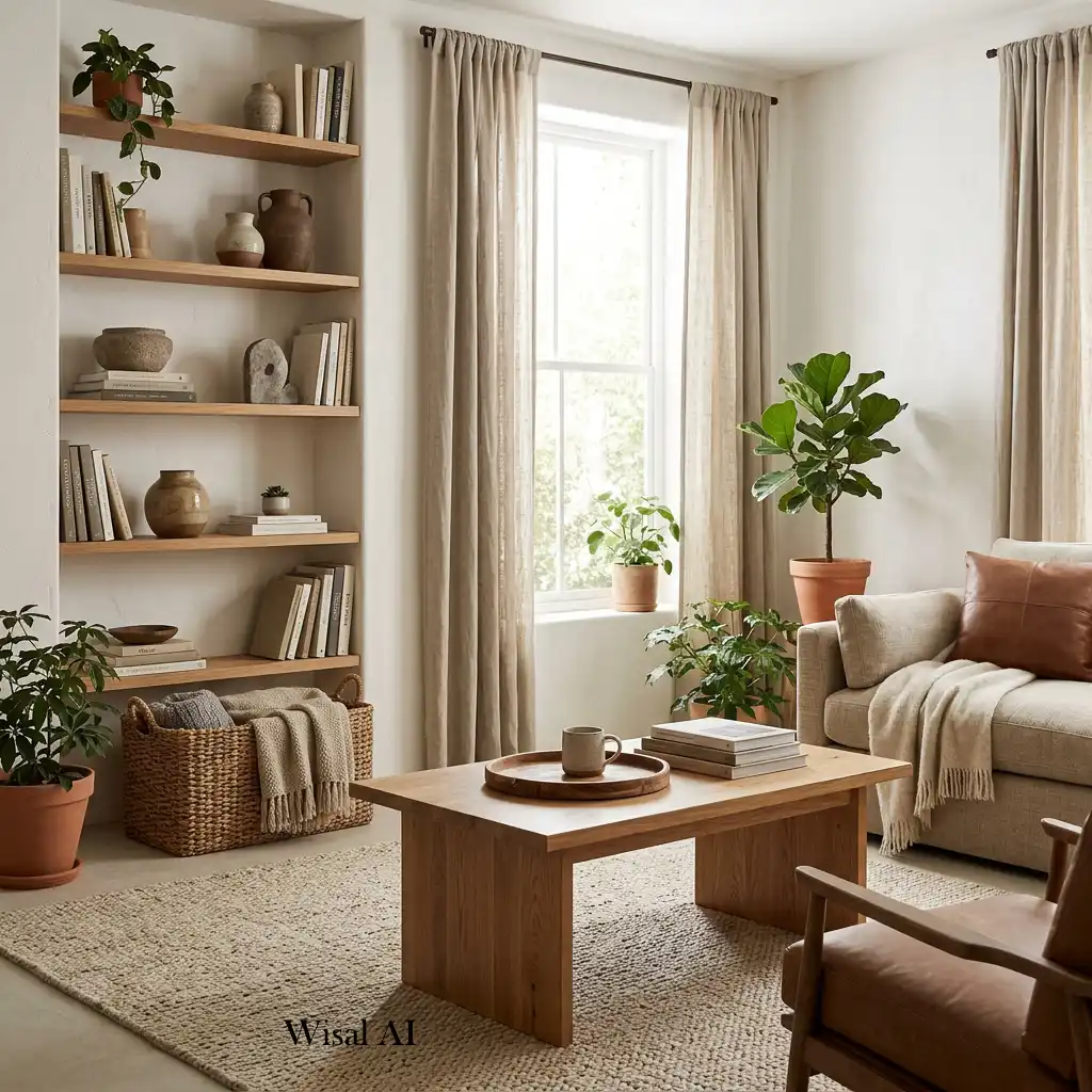 Contemporary living room featuring natural wood, linen, and organic materials for timeless warmth.