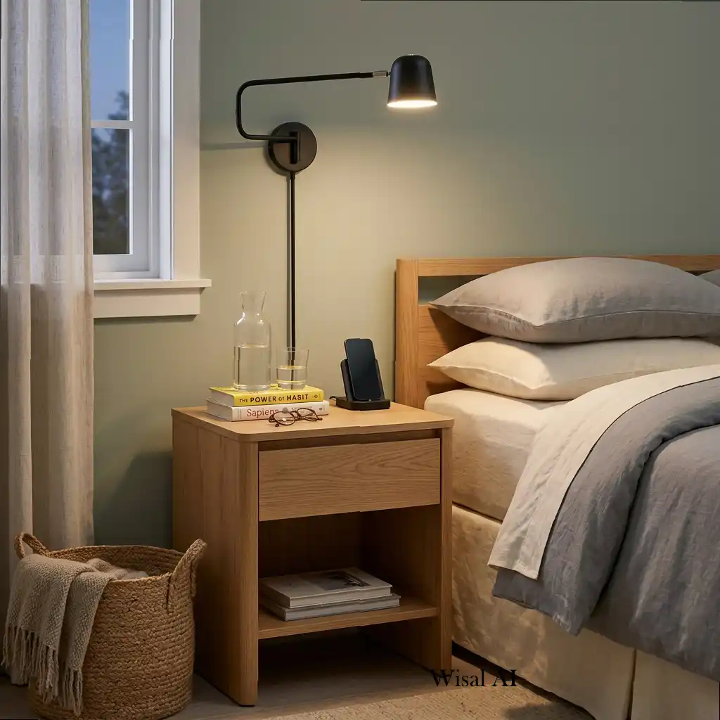 Minimalist bedside area with a floating nightstand, warm lighting, and essential décor.
