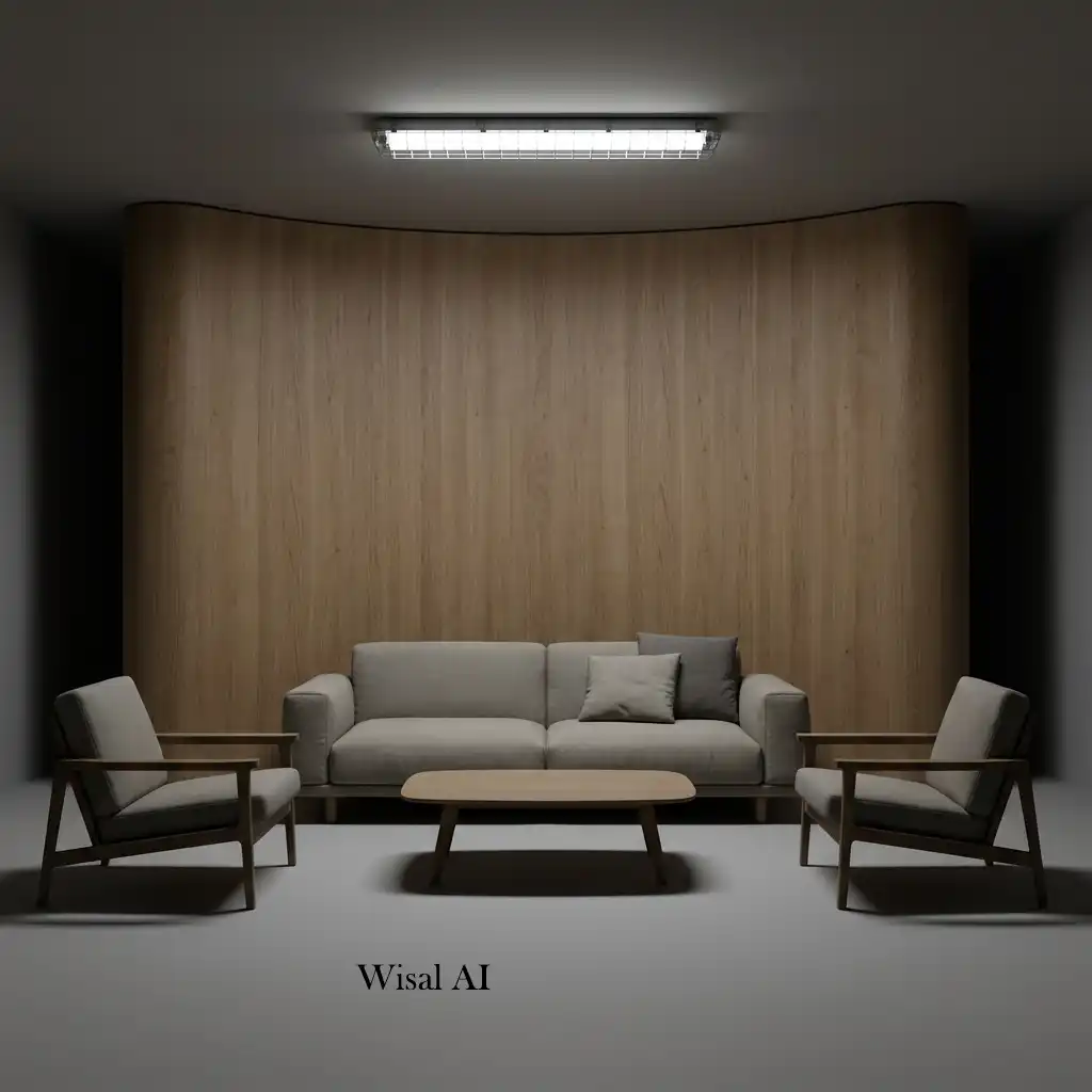 Designer living room illuminated with layered ambient, task, and accent lighting.