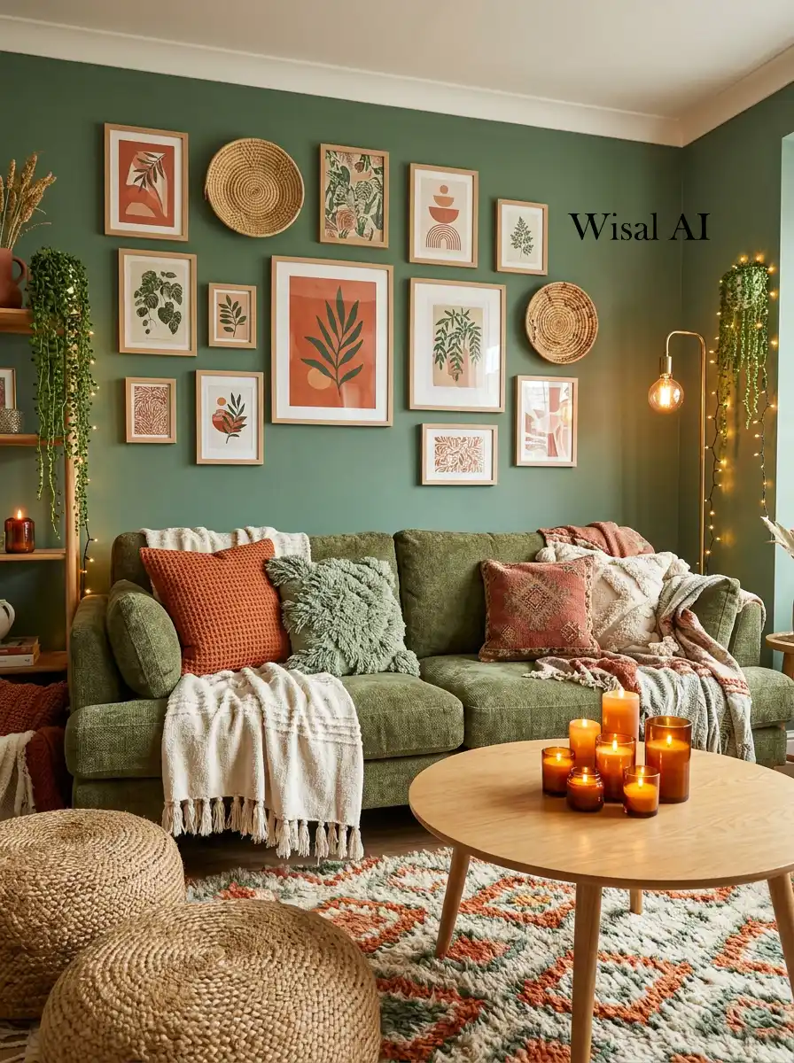 5. Cozy Sage Boho Living Room: Eclectic Warmth and Art