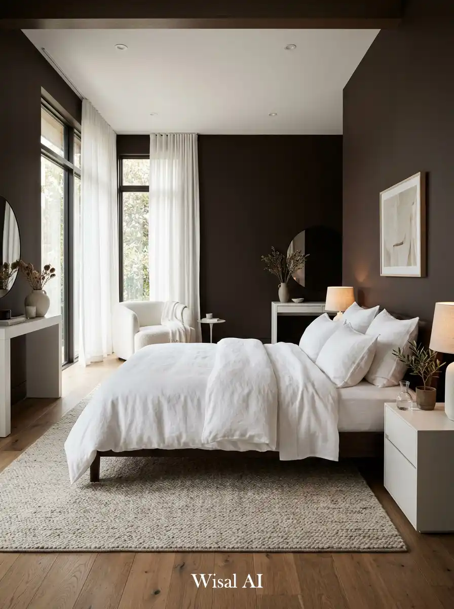 25. Espresso Brown Interior with White Linen Minimal Bedroom