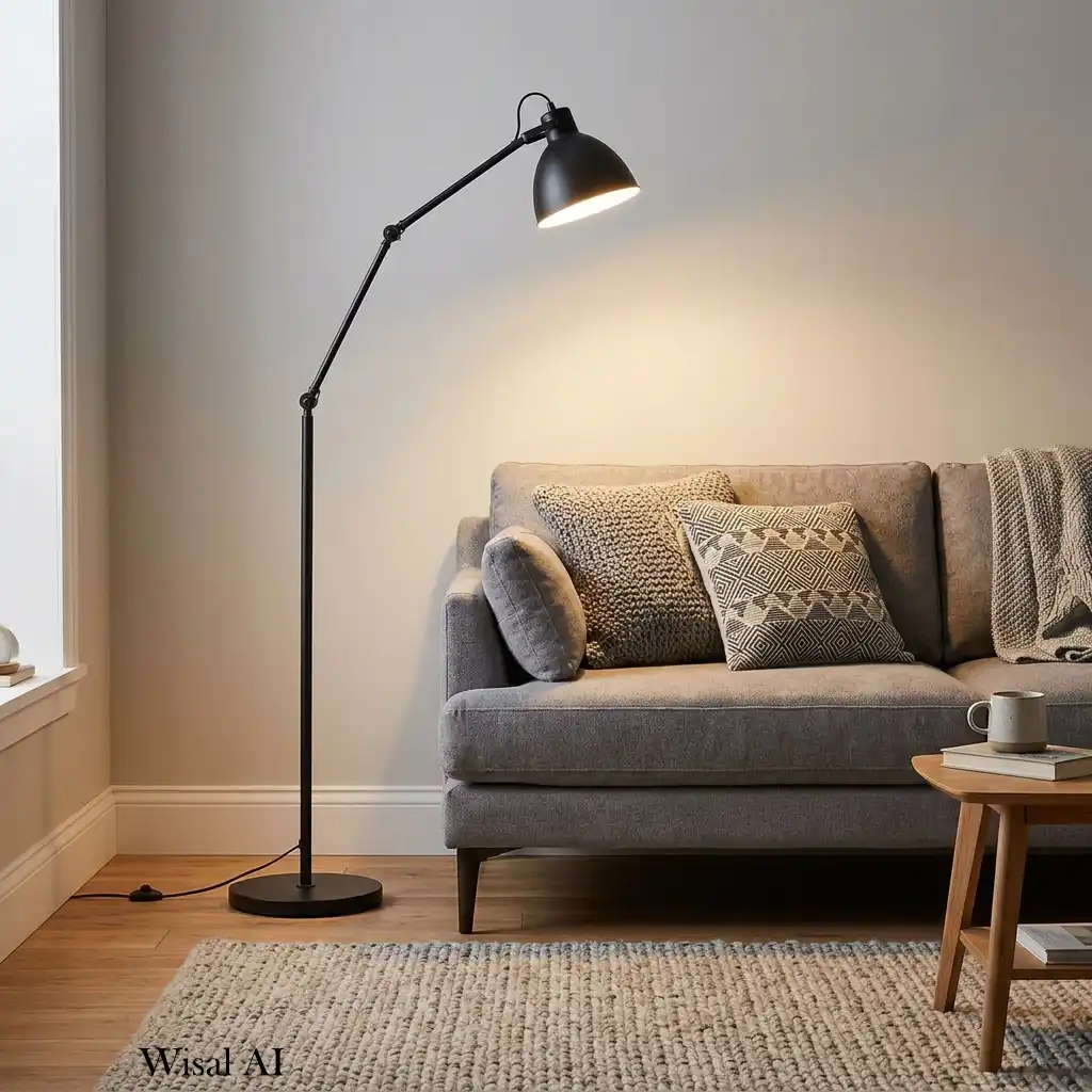 Modern sofa corner illuminated by a stylish brass arc floor lamp.