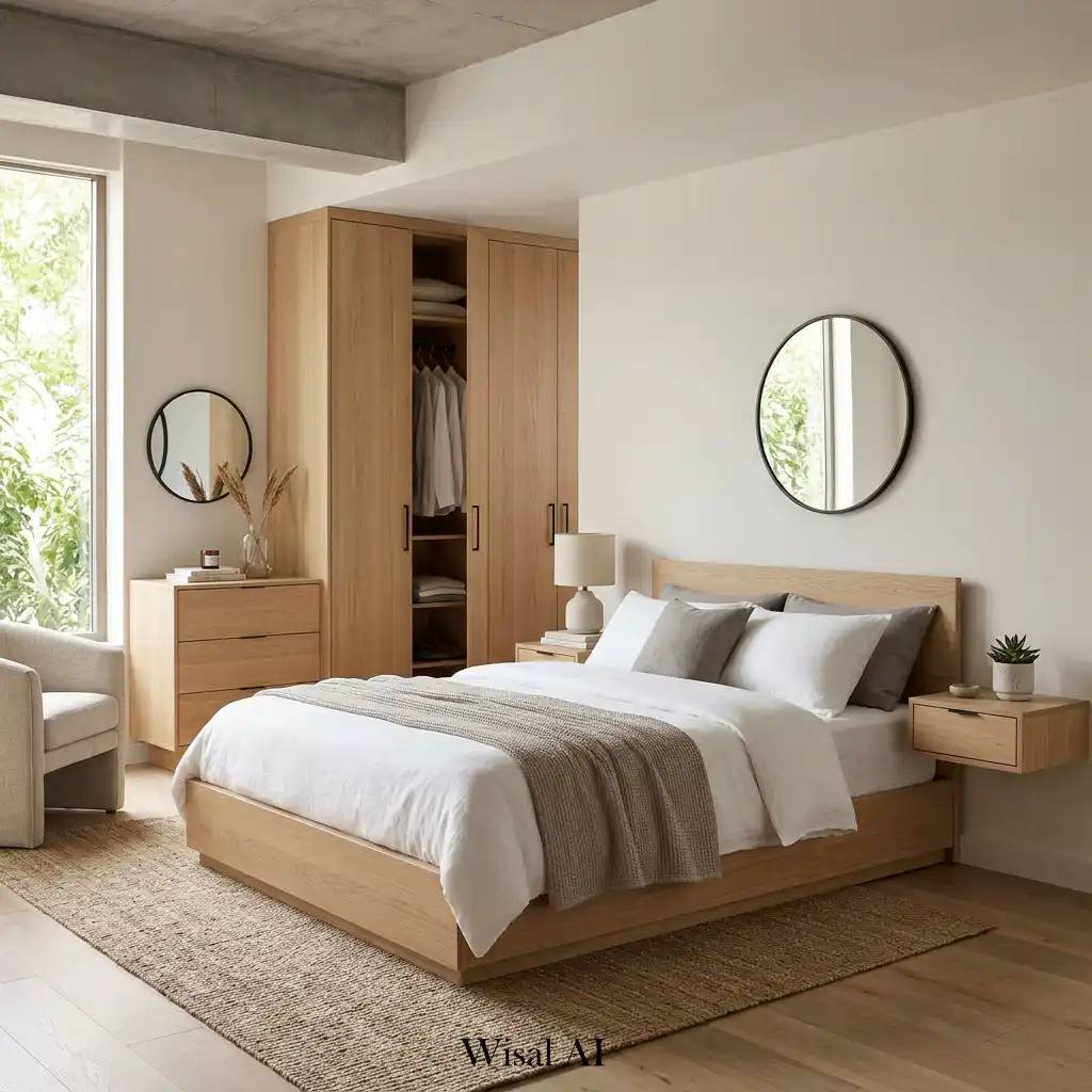 White oak platform bed and matching modern bedroom furniture.