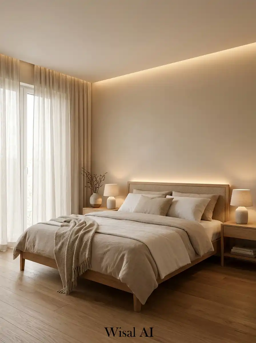 Japandi Bedroom with Soft Ambient Hotel-Style Lighting