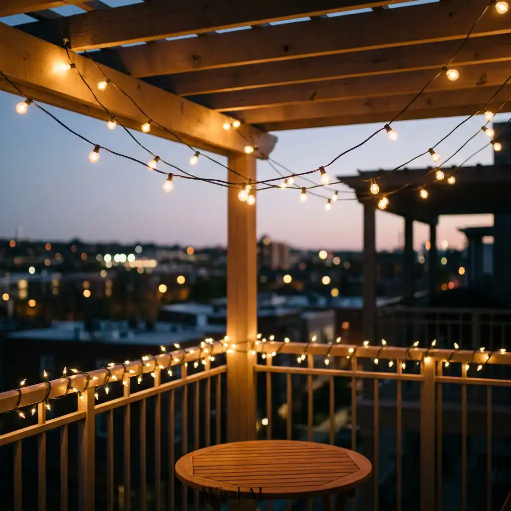 Cozy balcony illuminated with warm string lights creating a relaxing evening atmosphere.