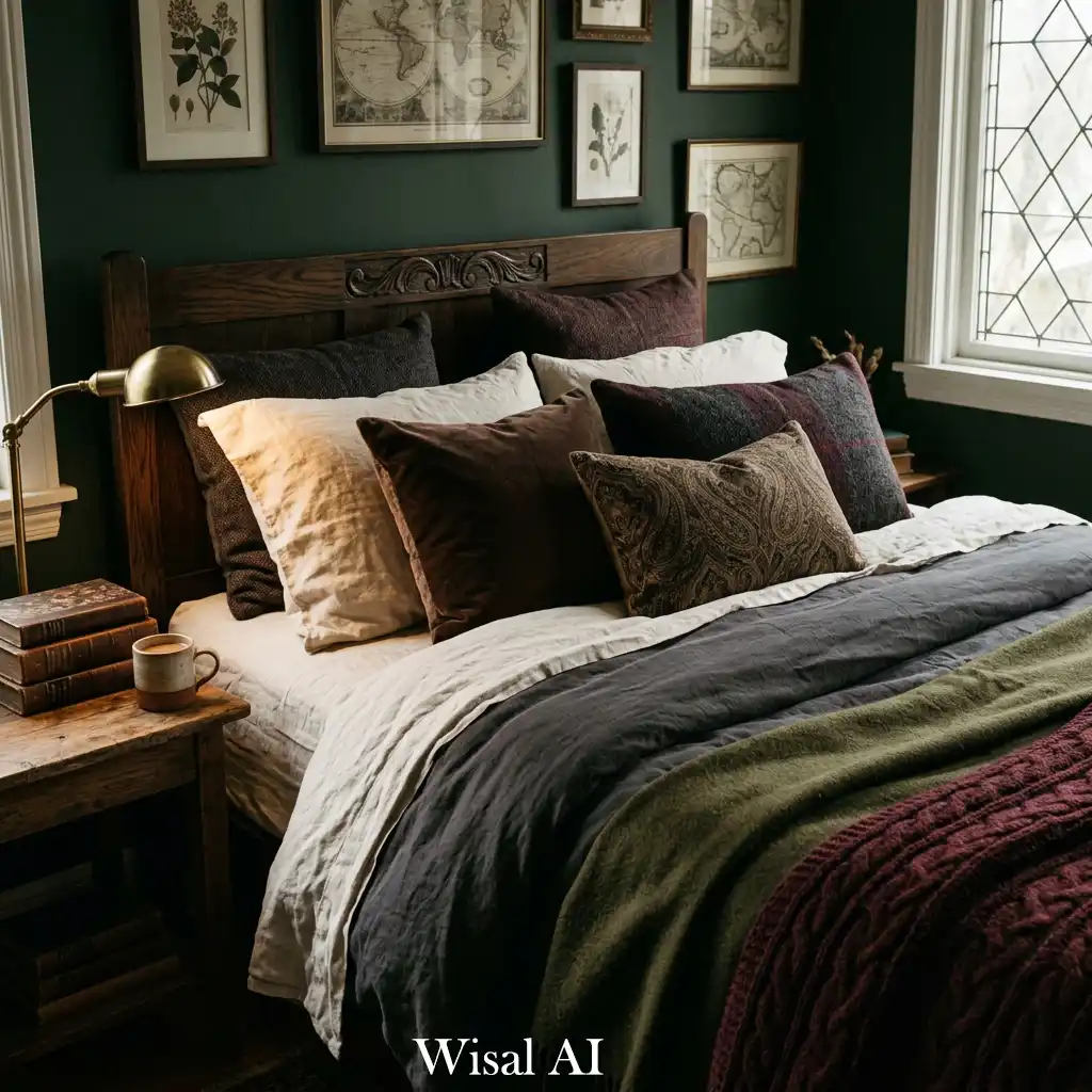 Sophisticated bedroom with layered bedding in deep earthy tones